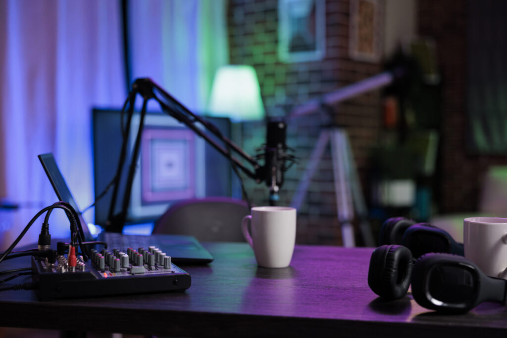 Empty living room prepared to record online podcast show